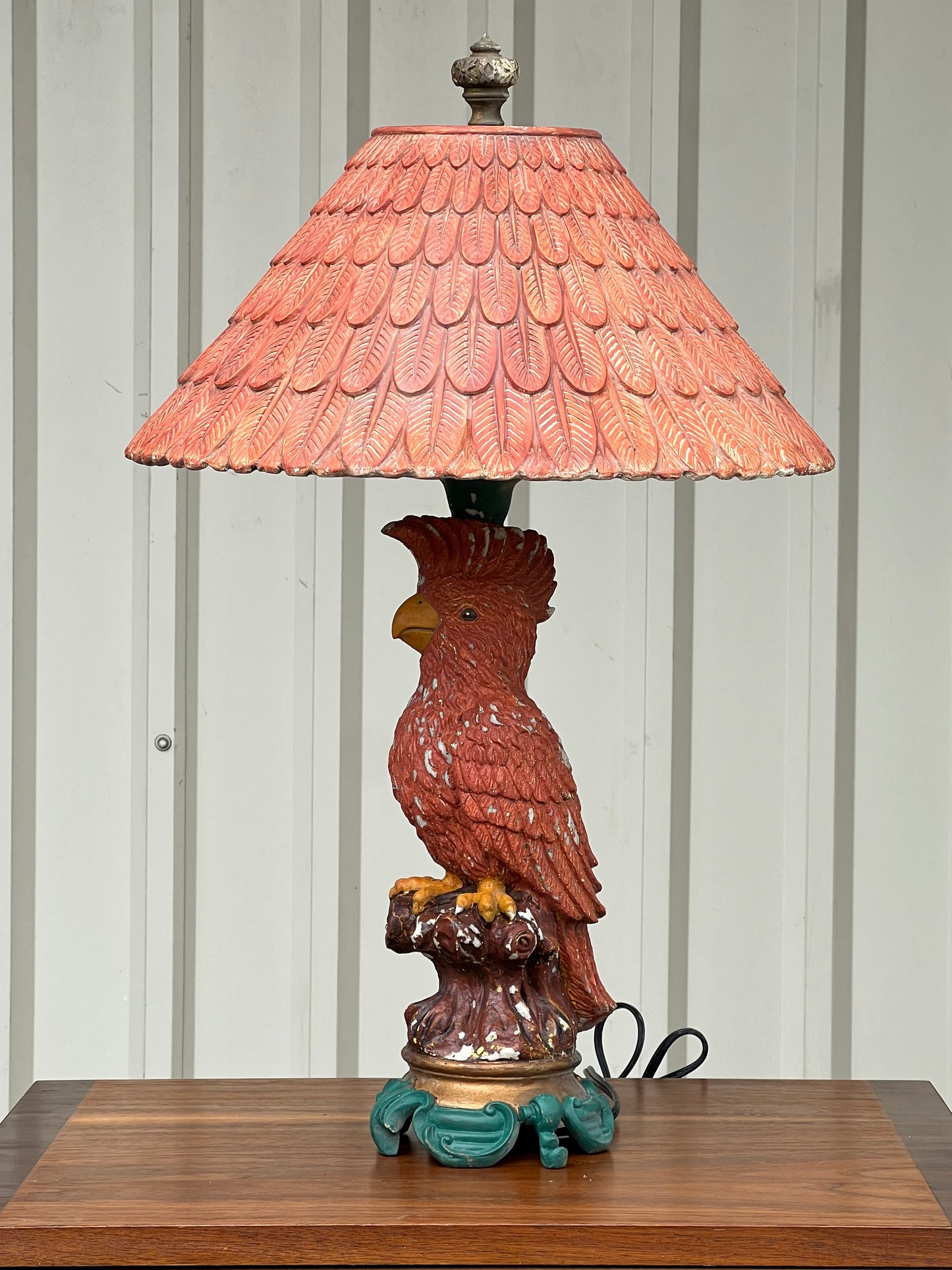 Antique Eclectic Bird Parrot Lamp with Feather Shade