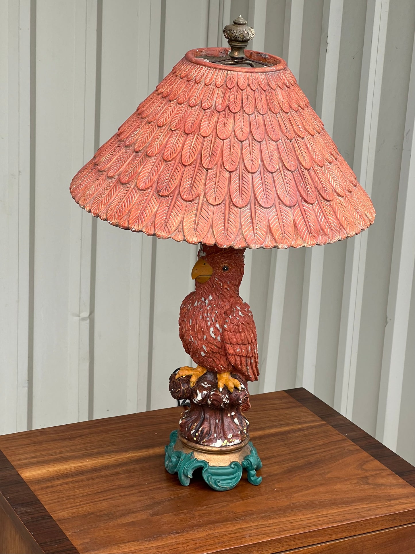 Antique Eclectic Bird Parrot Lamp with Feather Shade