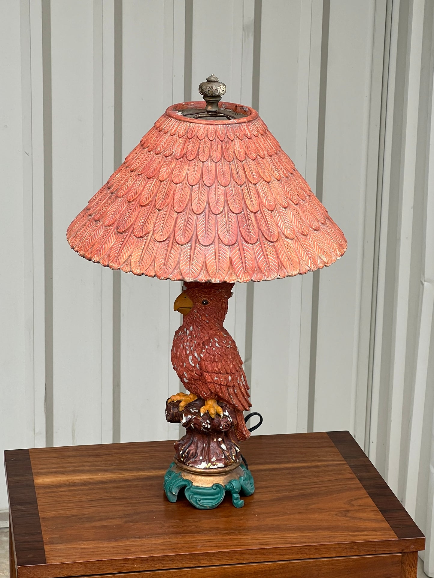 Antique Eclectic Bird Parrot Lamp with Feather Shade