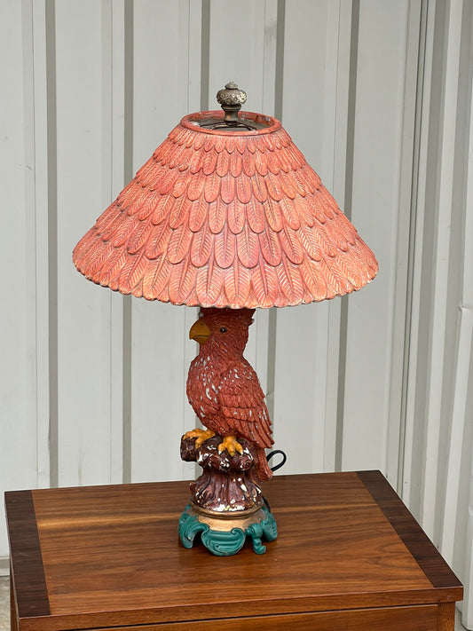 Antique Eclectic Bird Parrot Lamp with Feather Shade