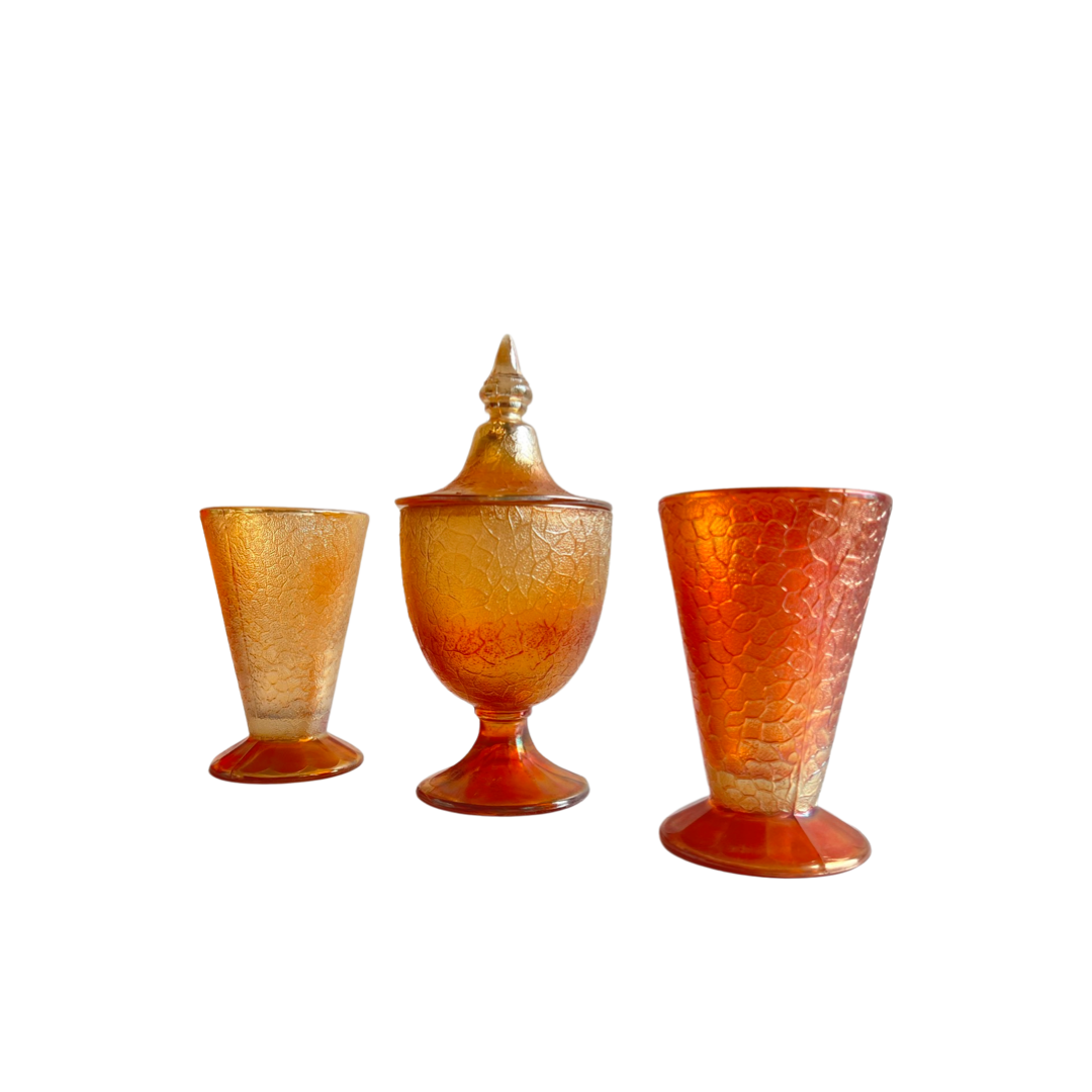 CRACKLE CARNIVAL GLASS TRIO